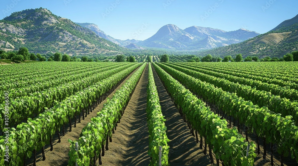 Lush green vineyard rows stretch towards majestic mountains under a clear blue sky, showcasing nature's beauty. Lush green vineyard rows stretch towards majestic mountains under a clear blue sky, showcasing nature's beauty.