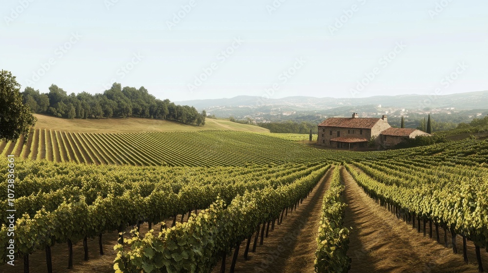 Fototapeta premium Scenic vineyard landscape featuring lush green grapevines and a rustic farmhouse under a clear sky.