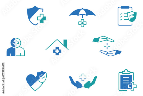 Health life medical insurance icon set. Vector illustration of people, safety, shield, health, care, assurance, policy, medical, cross signs. Vector illustration for web and app. 