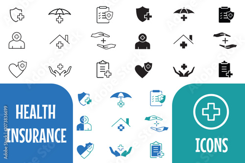 Health life medical insurance icon set. Vector illustration of people, safety, shield, health, care, assurance, policy, medical, cross signs. Vector illustration for web and app. 