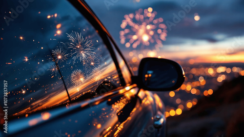 Fireworks Reflected in Car Window Against a Dusk Sky