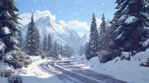 Scenic winter landscape with snow-covered trees and mountains photo