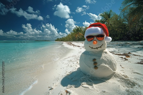 Tropical Sand Snowman with Sunglasses and Santa Hat on Beach