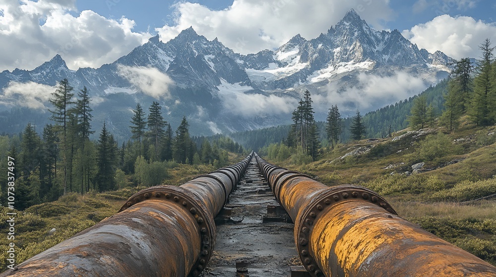 Rusty pipes leading to majestic snow-capped mountains under a clear sky. Rusty pipes leading to majestic snow-capped mountains under a clear sky.