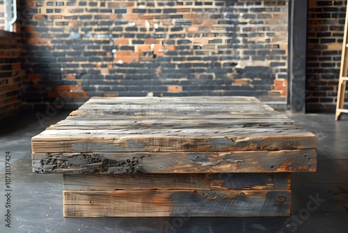 Rustic wooden table on industrial brick wall background. Urban and vintage setup for home decor or product display. Perfect for interior design and rustic-themed photography.