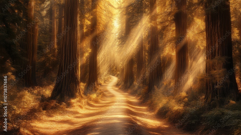 A serene forest pathway illuminated by golden sunlight filtering through tall trees, creating a tranquil atmosphere. A serene forest pathway illuminated by golden sunlight filtering through tall trees, creating a tranquil atmosphere.