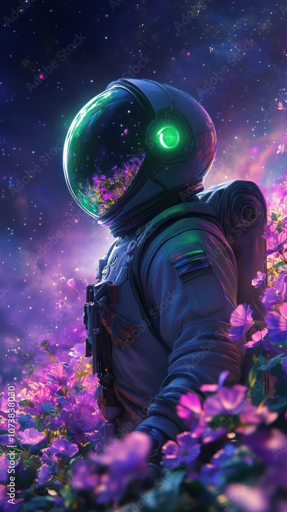 Astronaut Among Neon Flowers in Space Astronaut Among Neon Flowers in Space