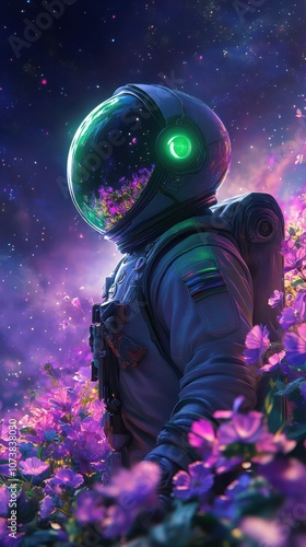 Astronaut Among Neon Flowers in Space photo