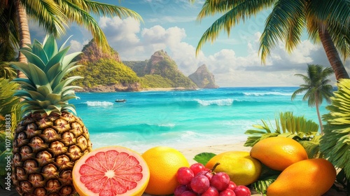 A vibrant tropical scene featuring fresh fruits like pineapple, grapefruit, and oranges against a scenic beach backdrop.