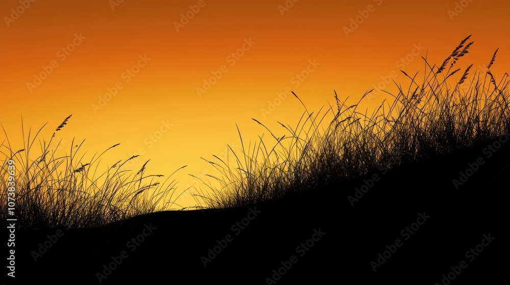 Fototapeta premium Silhouette of grass against a vibrant orange sunset sky.