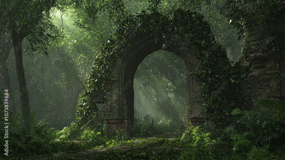 Enigmatic Stone Archway Overgrown with Moss and Vines in Enchanted Forest - Ultra-Detailed Fantasy Landscape Photography Enigmatic Stone Archway Overgrown with Moss and Vines in Enchanted Forest - Ultra-Detailed Fantasy Landscape Photography