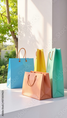 Stylish paper shopping bags in pastel colors arranged on table outdoors
