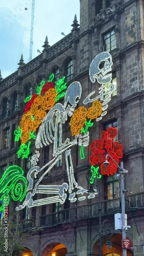 Skeleton Art on Building on Zócalo square at Day of the Dead Celebration