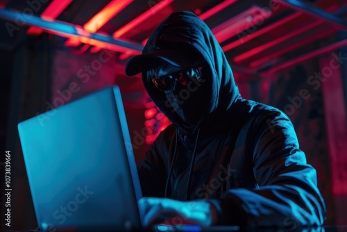 Faceless individual in a dark hoodie and mask is intently hacking a laptop under neon lights, presenting a cyber threat in a dark, moody setting