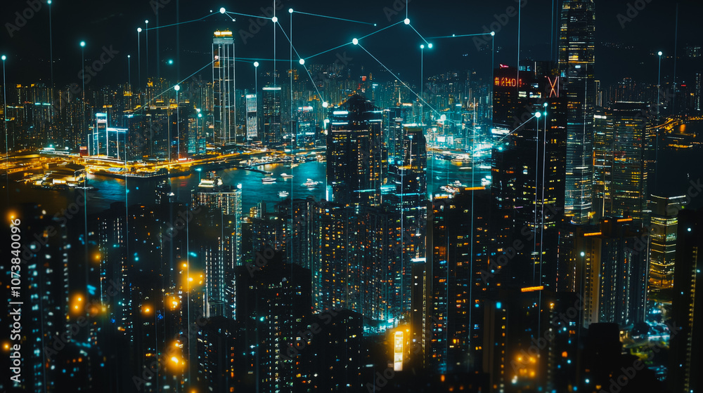 Naklejka premium Smart digital Innovation city Business skyscrapers in the Financial District with connection network reciprocity over the cityscape at night time of future smart wireless social media networking