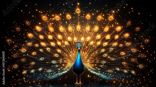 A majestic peacock with its tail feathers spread wide, illuminated by a shower of golden sparks against a black background.