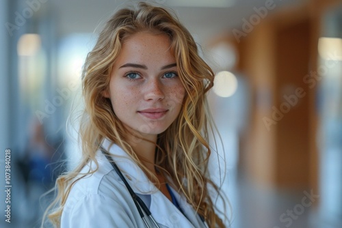 Confident and caring young female doctor with long blonde hair and stethoscope standing in a modern clinic hallway