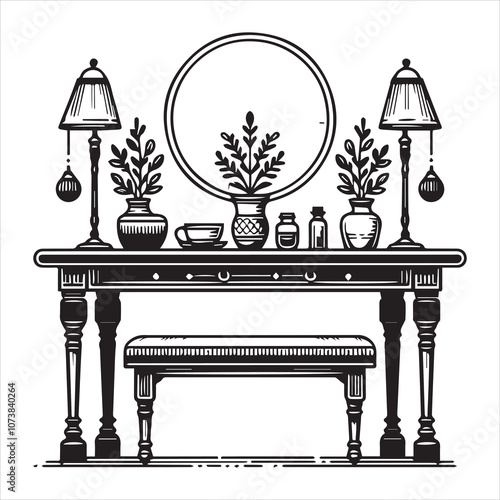 Graphic cartoon illustration of a dining room in black and white