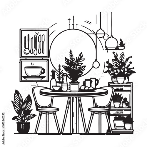 Kawaii coloring page with graphic graphic of a room's interior design