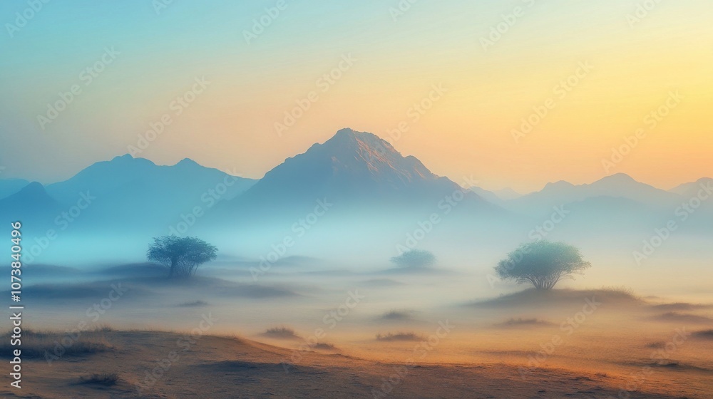 Serene mountains shrouded in morning fog at sunrise, creating a tranquil and ethereal landscape. Serene mountains shrouded in morning fog at sunrise, creating a tranquil and ethereal landscape.