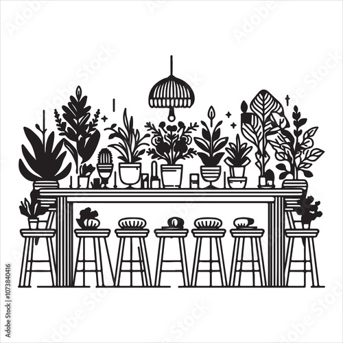 An image of a table with plants and a lamp
