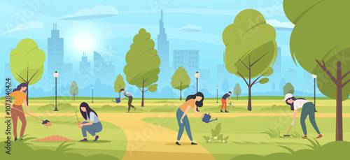 A vibrant scene of individuals planting and watering plants in a park. Vector illustration