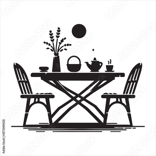 Interior Silhouettes of the Cafe's Chairs and Table Black Graphic Illustration Isolated on White Background