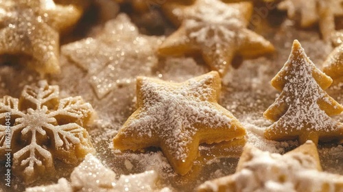 Decorative holiday cookies shaped like stars, trees, and snowflakes photo