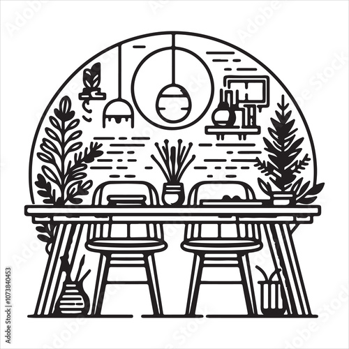 An illustration in black and white shows a table with two chairs and two glasses