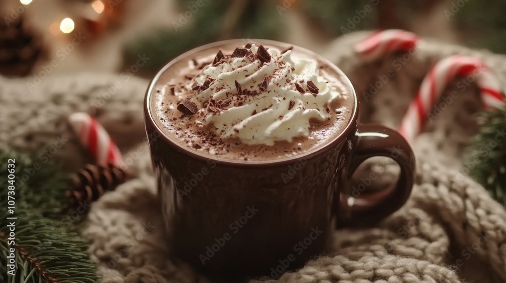 Cozy cup of hot chocolate topped with whipped cream Cozy cup of hot chocolate topped with whipped cream