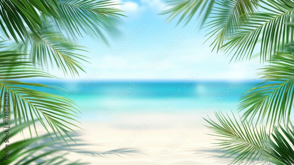 Fototapeta premium Tropical beach scene framed by lush green palm leaves, evoking a serene and relaxing atmosphere.