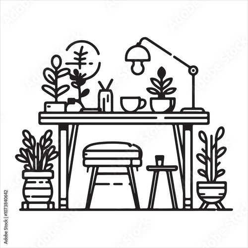 Kawaii line art desk set with hand-drawn charm flat coloring book