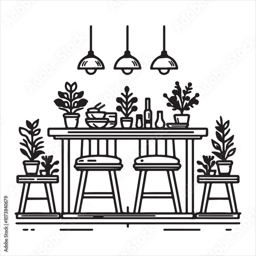 An illustration using line art of a minimalist dining table with plants