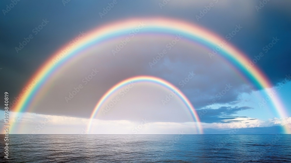 A stunning view of a double rainbow arching over a serene ocean, with soft clouds reflecting vibrant colors. A stunning view of a double rainbow arching over a serene ocean, with soft clouds reflecting vibrant colors.