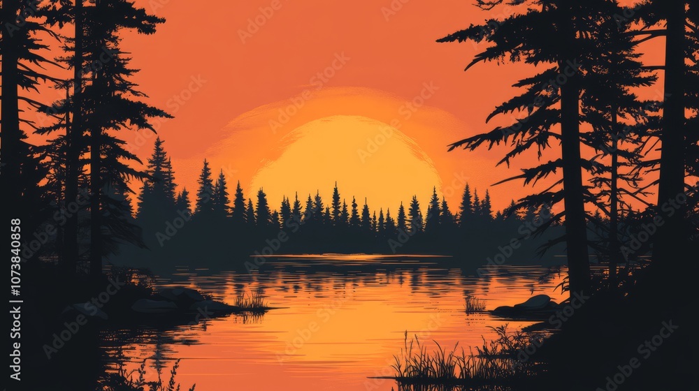 Silhouette of pine trees against a sunset over a lake. Silhouette of pine trees against a sunset over a lake.