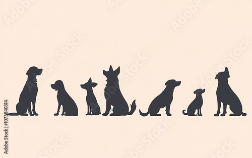 Dog black silhouette set, vector, isolated collection. Group of standing or sitting dogs of different breeds. Dog hardening silhouette, simple style clipart  photo