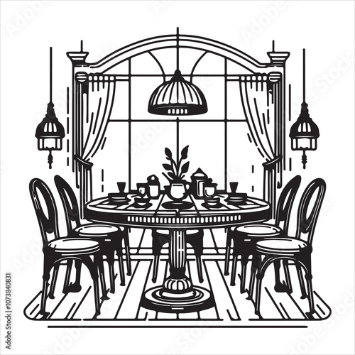 A straightforward drawing of a table with a bottle, a chair, and flowers