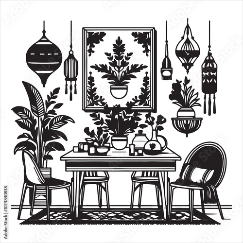 An image of a living area with potted plants in black and white
