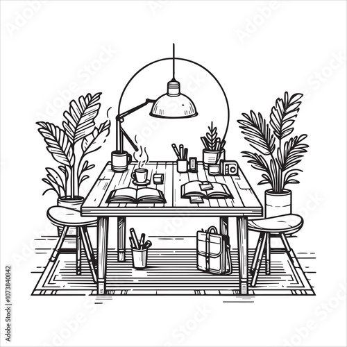 An outline illustration There are bookshelves and many books in the study room.