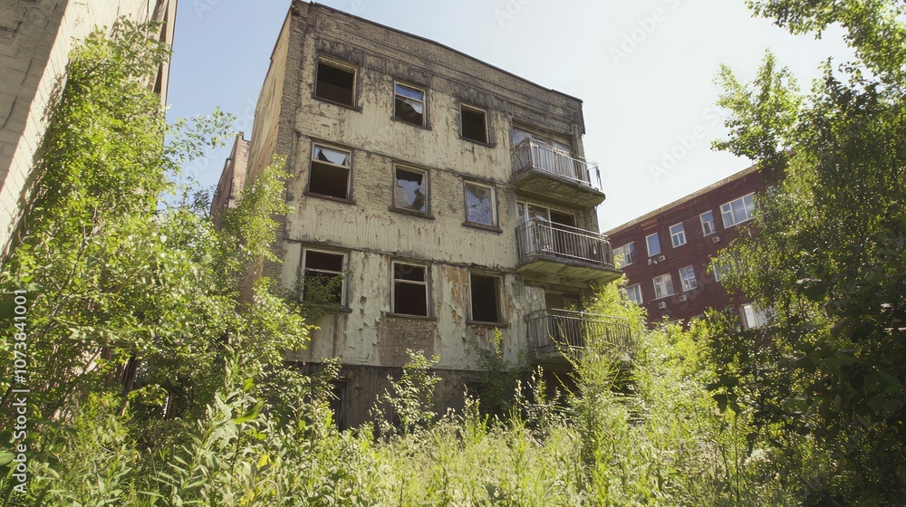 Fototapeta premium Urban Decay and Nature's Reclamation: Haunting Image of Dilapidated Building with Broken Windows and Weathered Walls - Ultra-Detailed Photo