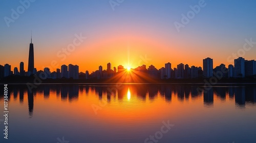 Golden sunrise over a city skyline, reflecting on a calm lake, creating a tranquil and vibrant atmosphere.