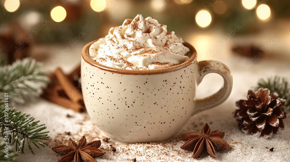 Spicy chai tea latte in a ceramic cup, topped with whipped cream and a dusting of cinnamon, surrounded by winter spices Spicy chai tea latte in a ceramic cup, topped with whipped cream and a dusting of cinnamon, surrounded by winter spices