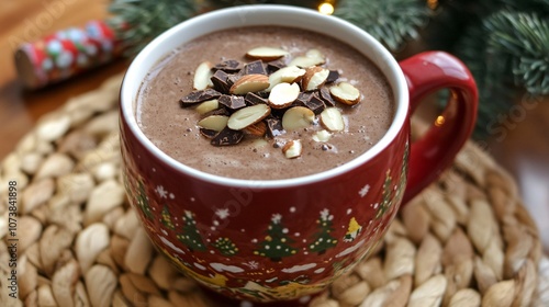 Warm almond milk hot cocoa with shaved chocolate and roasted almonds, in a festive holiday mug