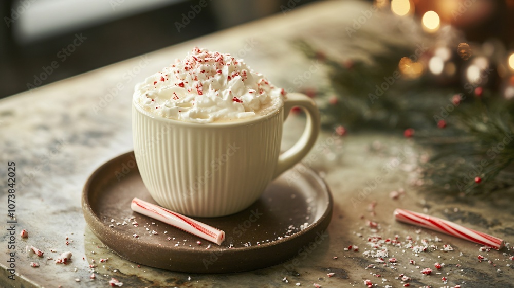 White chocolate peppermint mocha topped with whipped cream and crushed candy cane, presented in a festive mug White chocolate peppermint mocha topped with whipped cream and crushed candy cane, presented in a festive mug