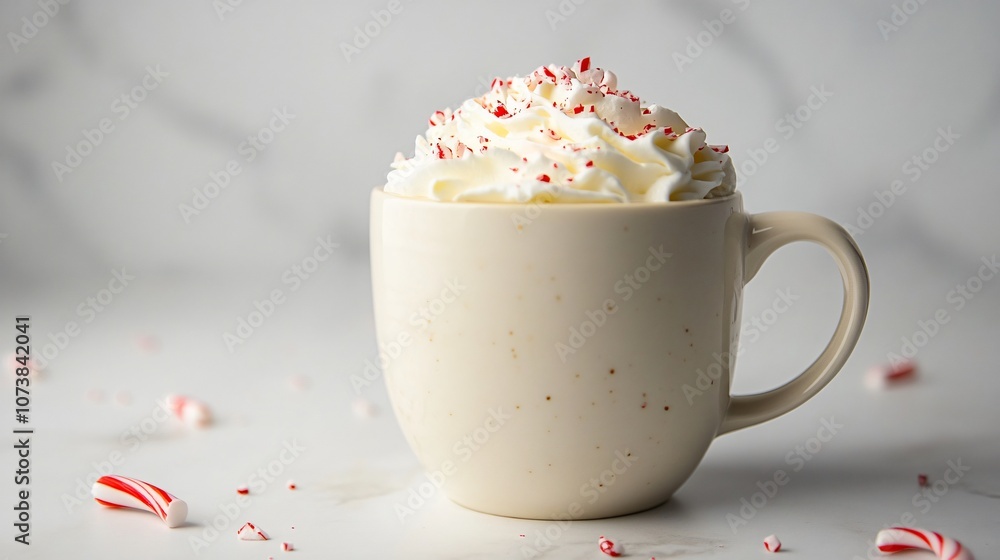 White chocolate peppermint mocha topped with whipped cream and crushed candy cane, presented in a festive mug White chocolate peppermint mocha topped with whipped cream and crushed candy cane, presented in a festive mug
