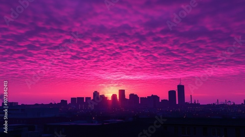 A stunning sunset illuminating a city skyline with vibrant purple and pink hues, creating a serene atmosphere.