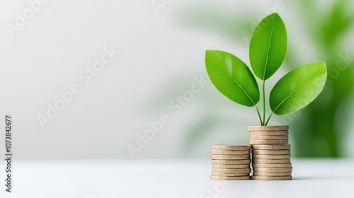 Growth and Prosperity in Finance: Stacked Coins with Green Leaves Symbolizing Investment Strategy and Sustainable Financial Success