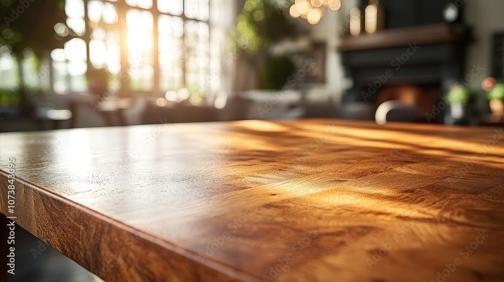 A sunlit wooden table in a cozy, modern interior setting. A sunlit wooden table in a cozy, modern interior setting.
