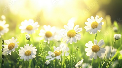 A vibrant field of daisies basking in golden sunlight, creating a serene and cheerful atmosphere.