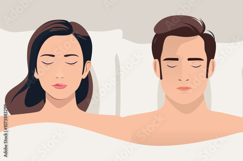 Couple sleeping together - Faces of man and woman lying in bed under comfortable blanket with head on pillow. Sleep health, relaxation and rest concept in top view flat design vector illustration